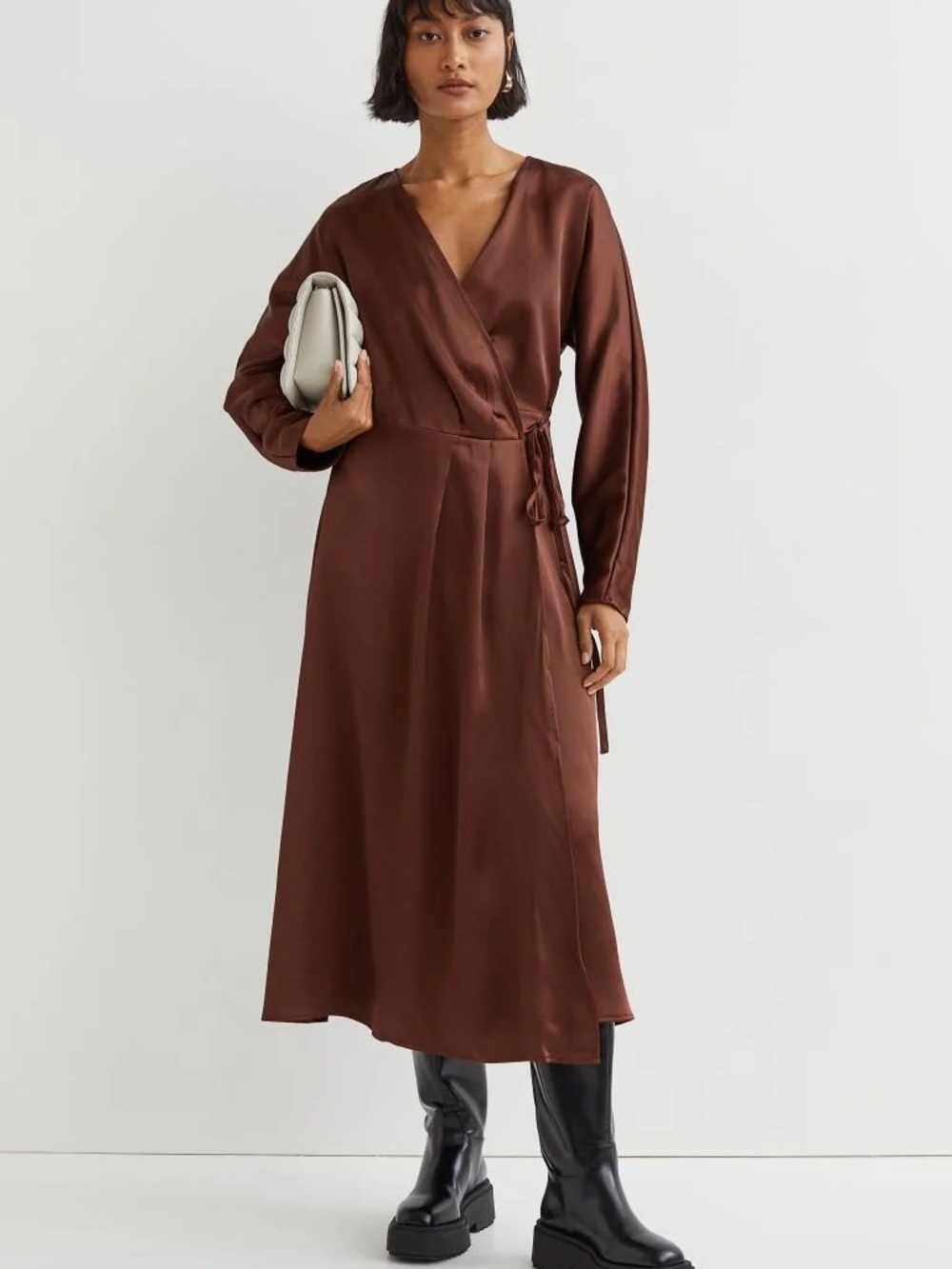 H&M Brown Satin Wrap Robe with Tie Waist
